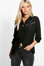 Boohoo Amelia Embroidered Ladder Trim Shirt Black