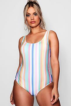 Boohoo Plus Kady Pastel Stripe Scoop Back Swimsuit