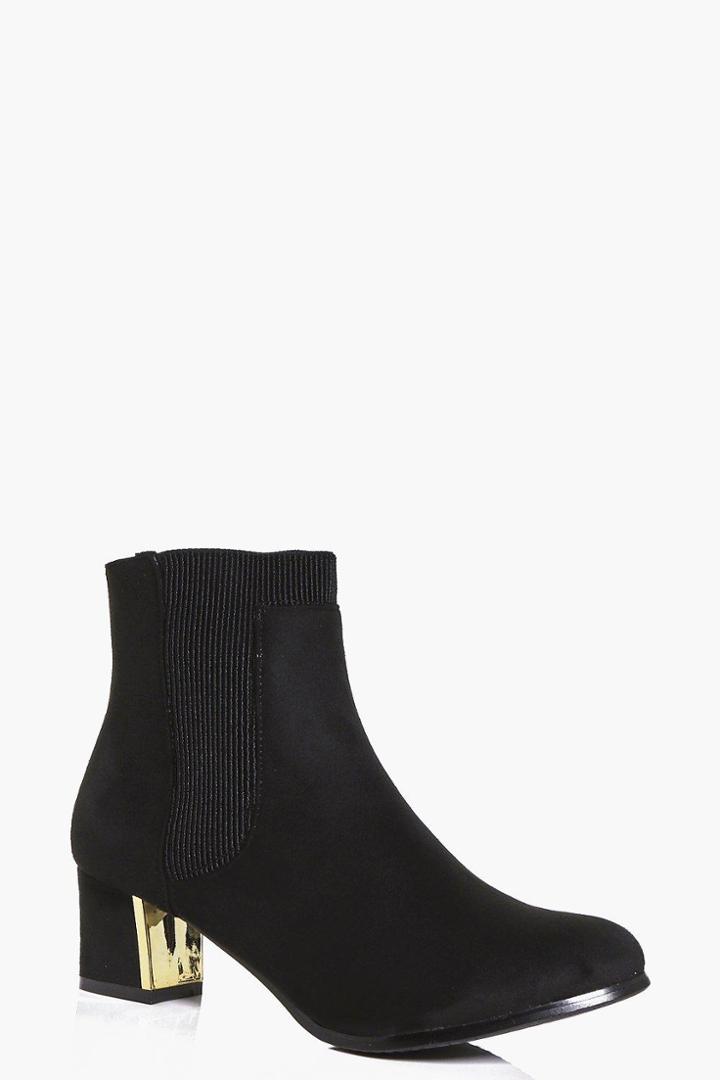 Boohoo Florence Low Block Gold Heel Boot Black