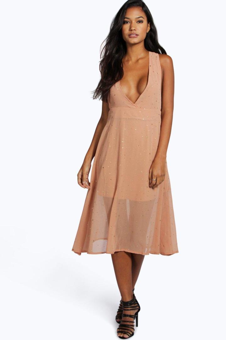 Boohoo Tanya Metallic Star Print Plunge Neck Skater Dress Blush