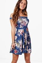 Boohoo Petite Lucy Off The Shoulder Floral Skater Dress