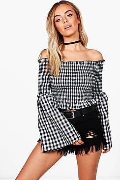 Boohoo Eva Gingham Ruched Bardot Flare Top