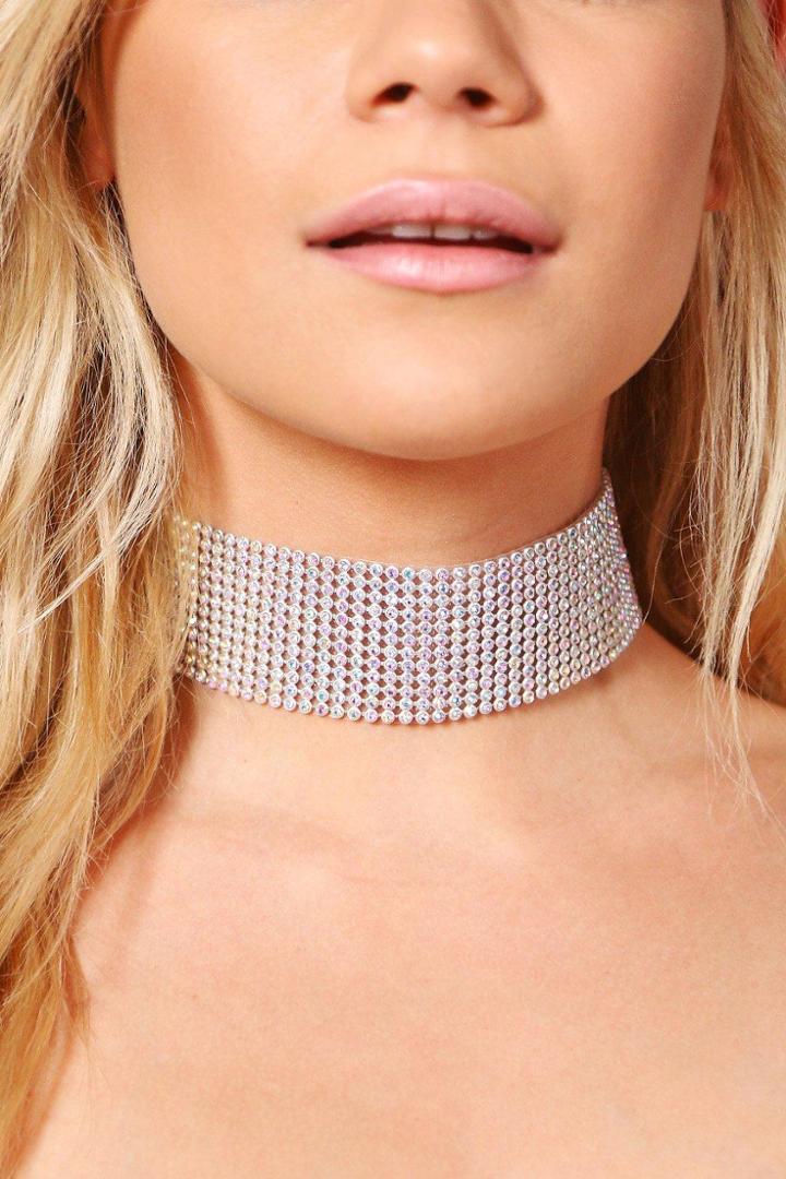 Boohoo Nina Wide Diamante Choker Silver
