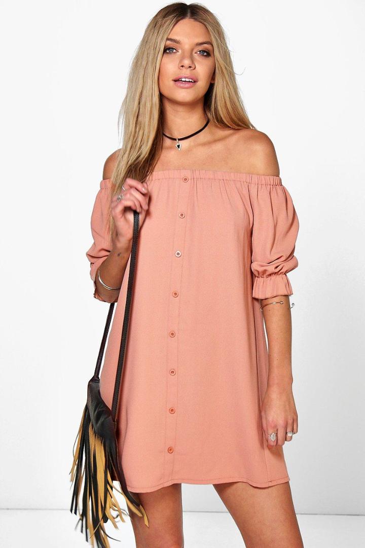 Boohoo Juliette Off Shoulder Button Shift Dress Rose