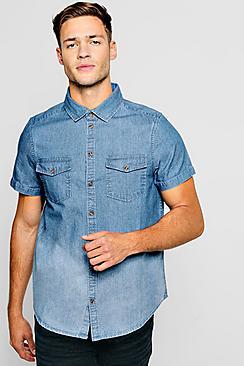 Boohoo Short Sleeve Denim Shirt With Double Pocket