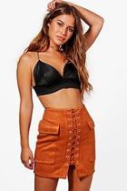 Boohoo Petite Suedette Lace Up Pocket Side Skirt