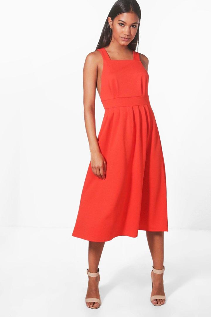 Boohoo Alli Strappy Frill Midi Skater Dress Orange