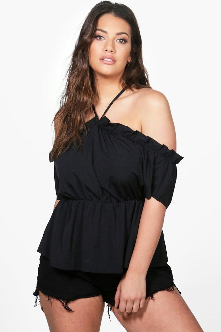 Boohoo Plus Hana Ruffle Open Shoulder Cami Black