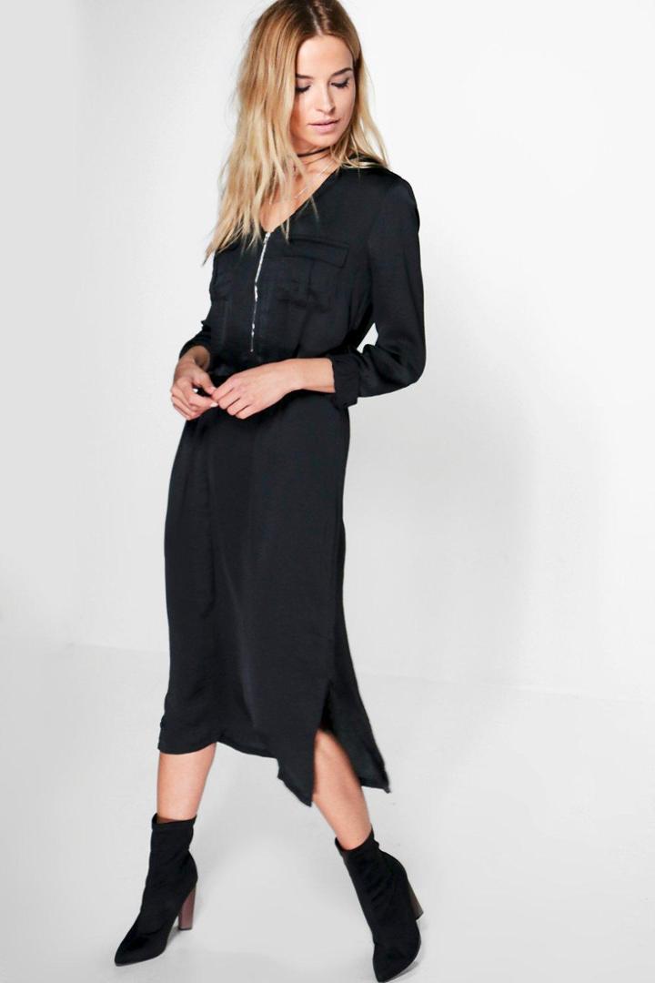 Boohoo Melinda Utility Zip Shirt Dress Black