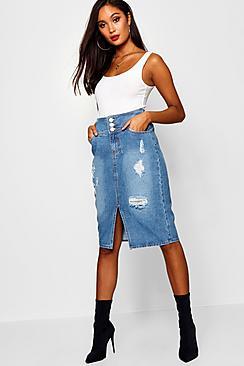 Boohoo Marcia Three Button High Waist Denim Pencil Skirt