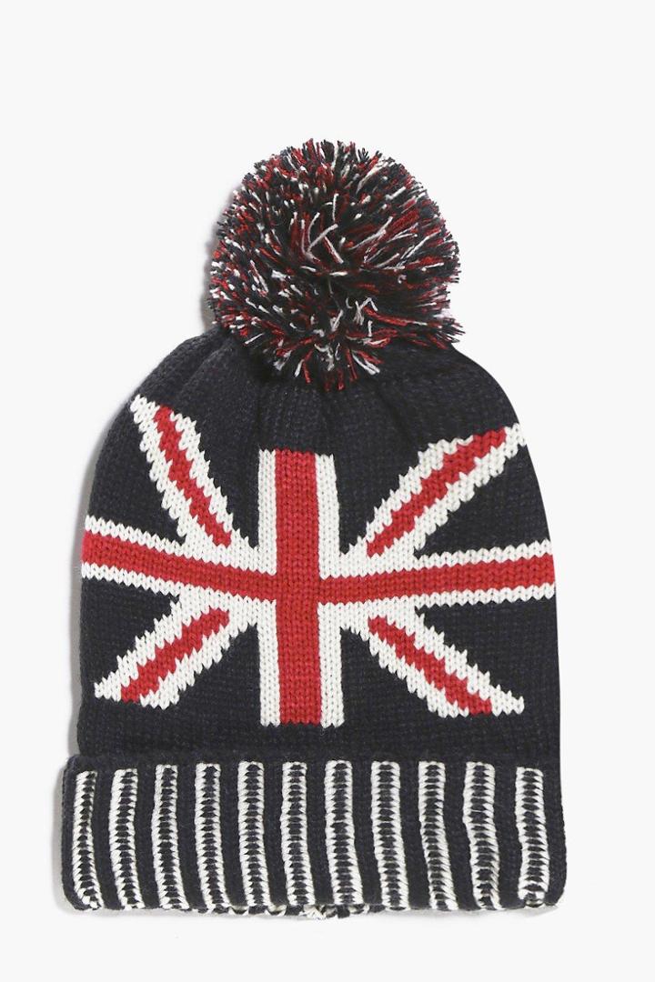 Boohoo Union Jack Knitted Pom Pom Beanie Black