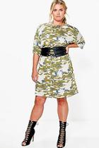 Boohoo Plus India Belted Camo T-shirt Dress