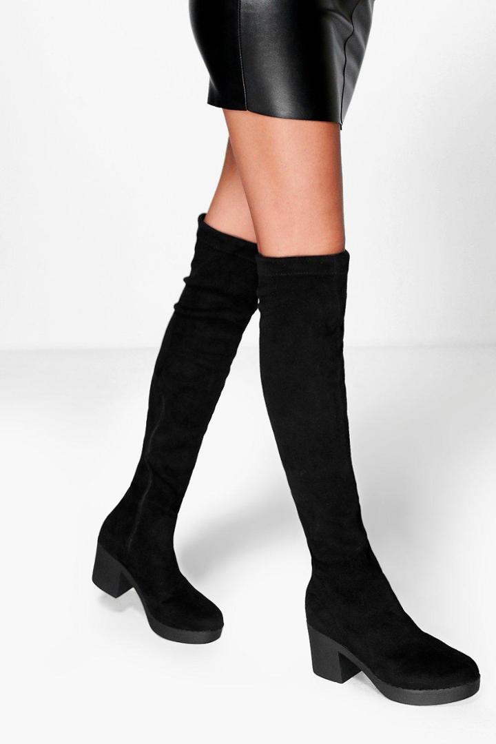 Boohoo Lara Cleated Stretch Over The Knee Boot Black