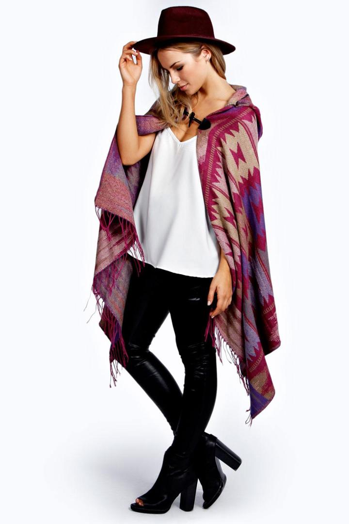 Boohoo Lexie Aztec Print Hooded Wrap Cape - Purple