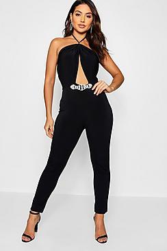 Boohoo Embellished Trim Halterneck Keyhole Jumpsuit