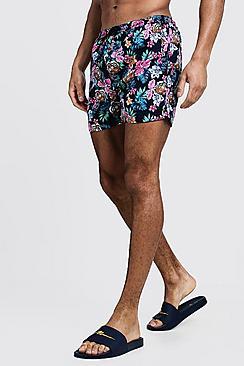 Boohoo Floral Tiger Print Swim Short In Mid Length
