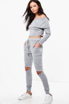 Boohoo Zoe Bardot Top & Slit Knee Jogger Knitted Set Grey