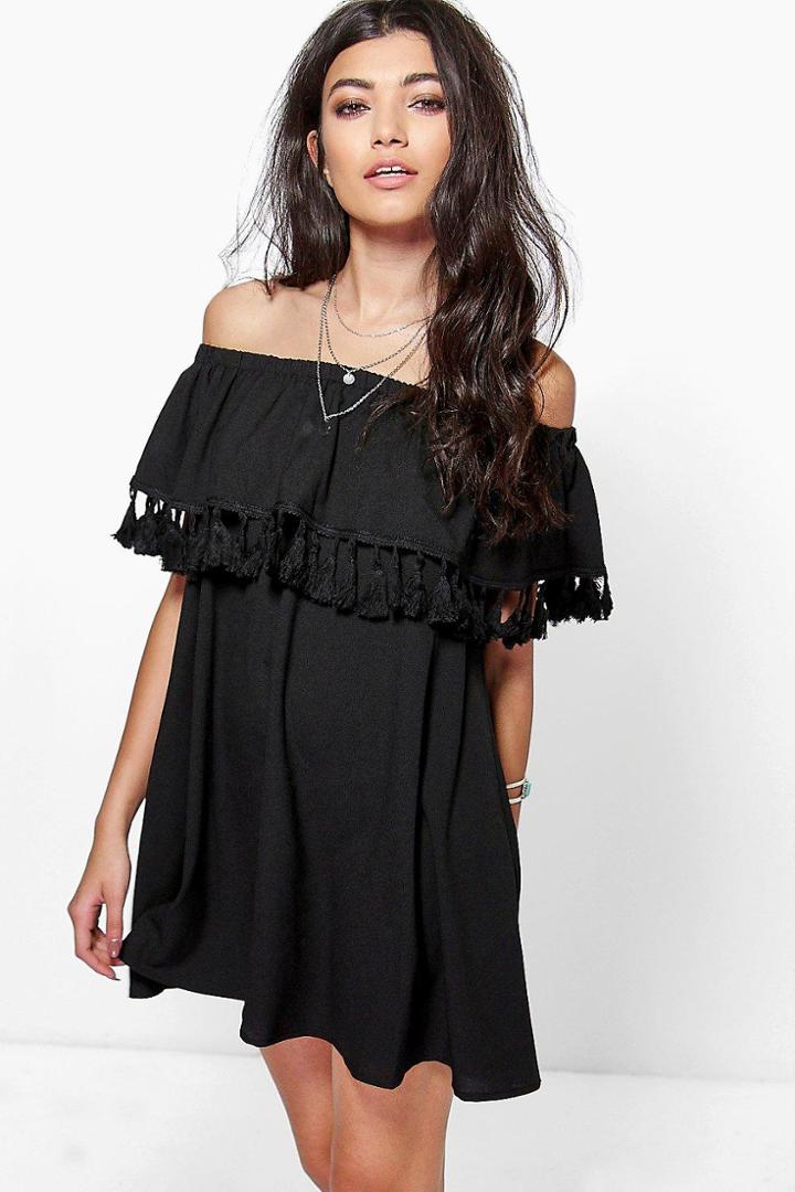 Boohoo Niyati Tassel Trim Off The Shoulder Shift Dress Black