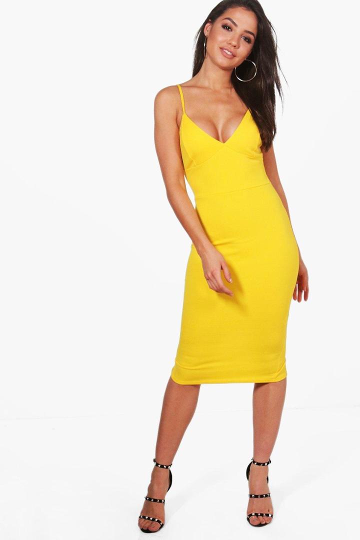 Boohoo Caroline Crepe Plunge Neck Midi Dress Yellow