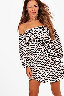 Boohoo Petite Rebecca Printed Off The Shoulder Skater Dress