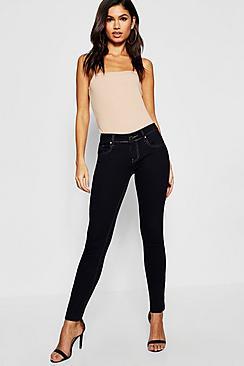 Boohoo Contrast Stitch Button Hem Detail Skinny Jeans