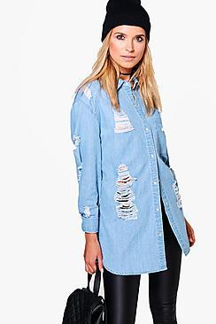 Boohoo Ellie Oversized Ultra Distressed Denim Shirt