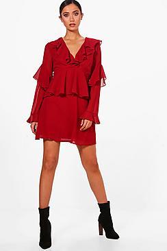 Boohoo Marie Ruffle Sleeve Woven Tea Dress