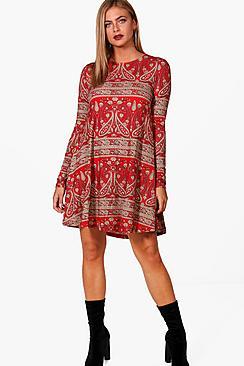 Boohoo Abbie Paisley Brushed Knit Swing Dress