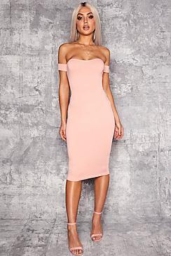 Boohoo Ana Off Shoulder Cruved Neckline Midi Dress
