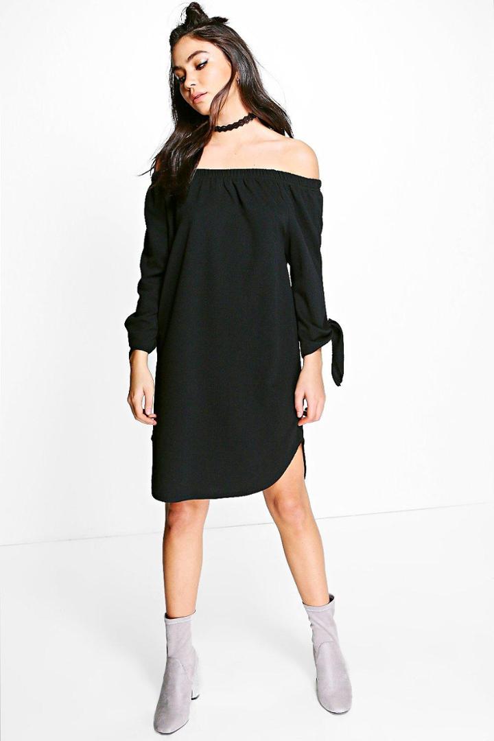 Boohoo Milly Off Shoulder Curved Hem Tie Shirt Dress Black