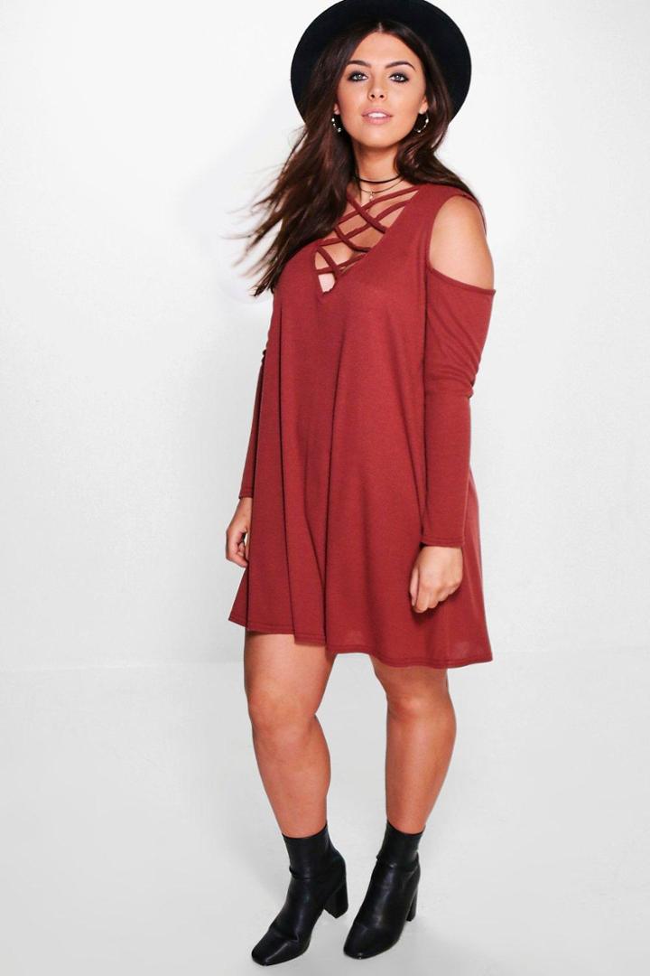 Boohoo Plus Aliza Ribbed Open Shoulder Swing Dress Cinnamon