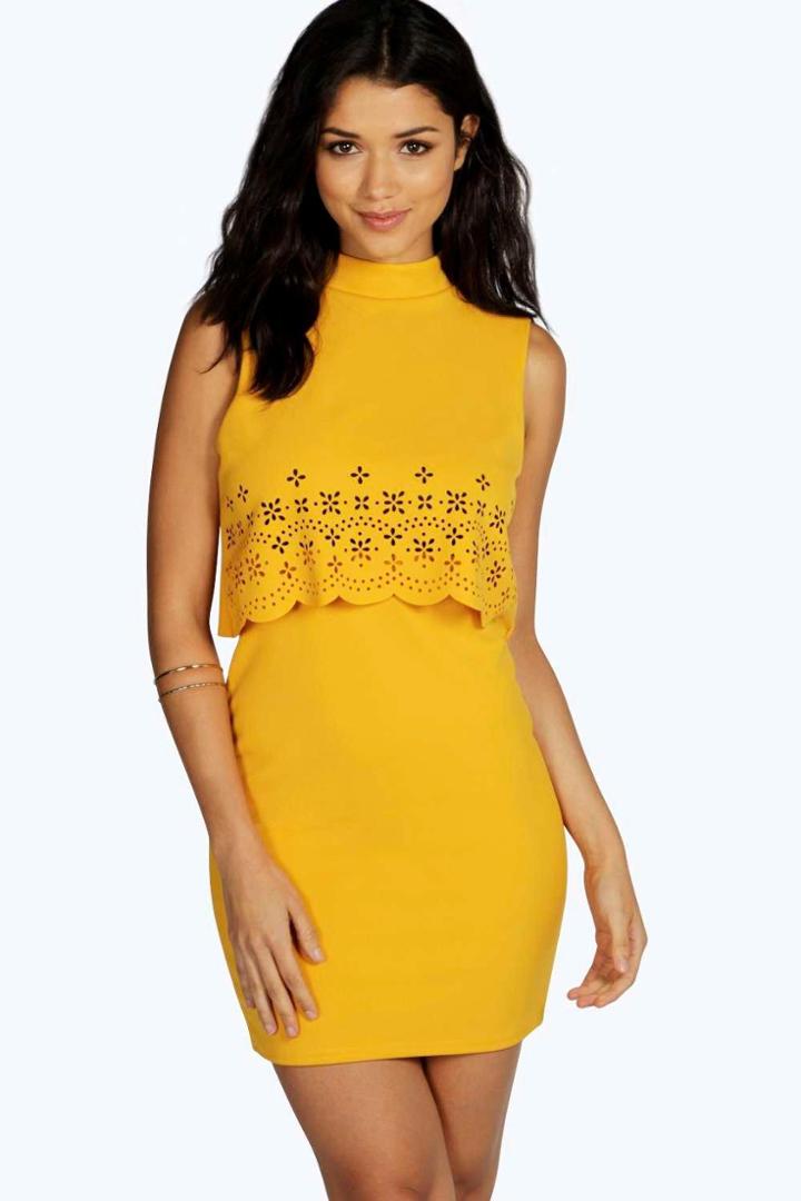Boohoo Phoebe Cutout Double Layer Dress Mustard
