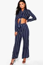 Boohoo Sophia Woven Stripe Tie Crop & Trouser Co-ord Navy