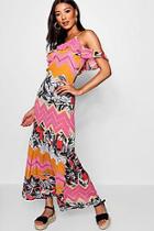 Boohoo Scarlette Tropical Print Ruffle Maxi Dress