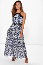 Boohoo Petite Suzie Palm Print Square Neck Maxi Dress Blue
