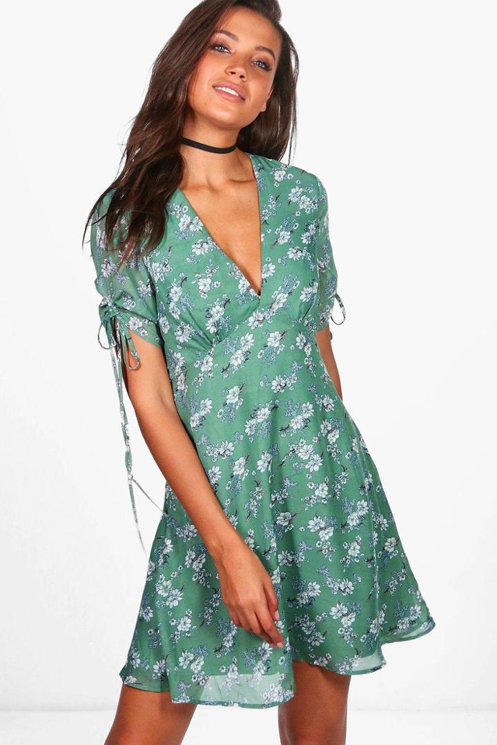 Boohoo Tall Anna Woven Tie Neck Ditsy Dress Green