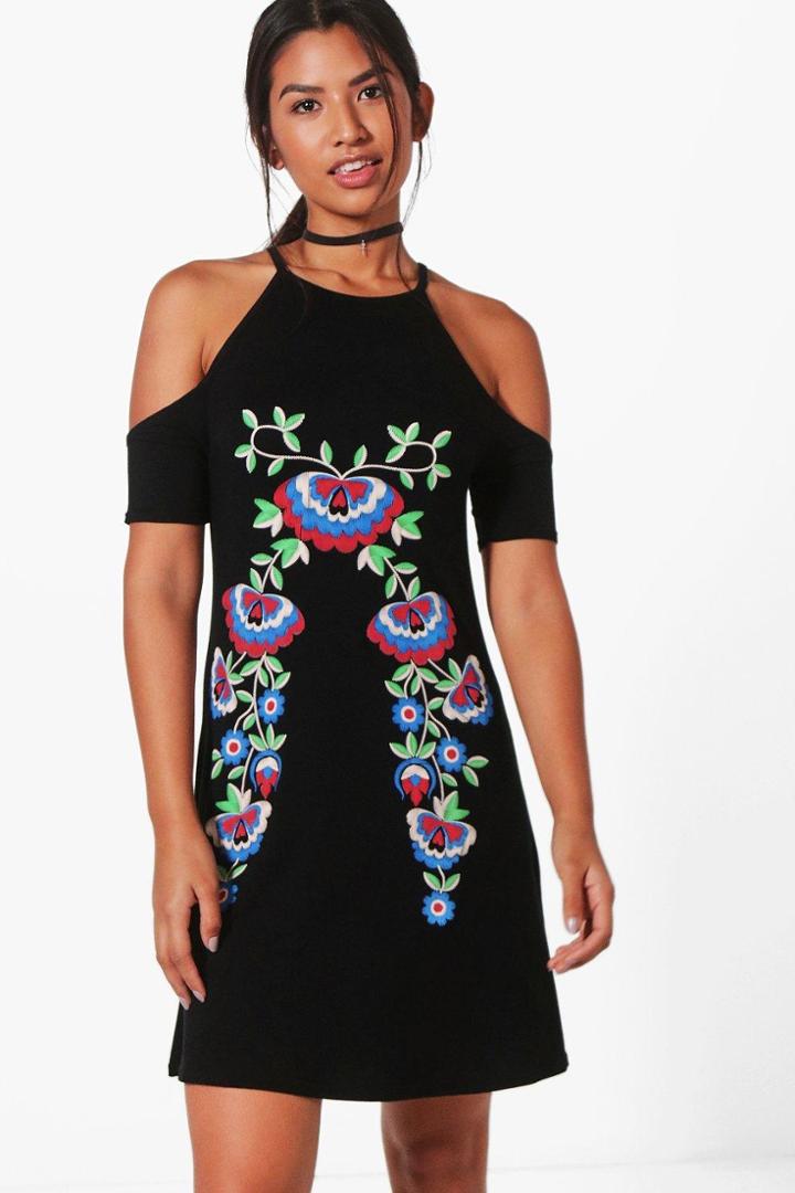 Boohoo Lori Cold Shoulder Printed Swing Dress Black