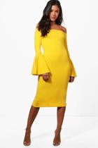 Boohoo Rosey Flared Sleeve Midi Dress Yellow