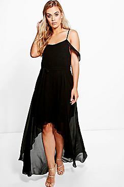 Boohoo Plus Chiffon Frill Open Shoulder Dress