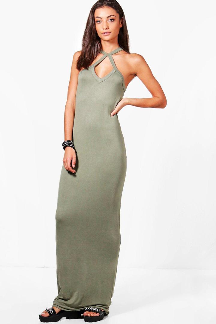 Boohoo Tall Leah Halter Strappy Maxi Dress Khaki