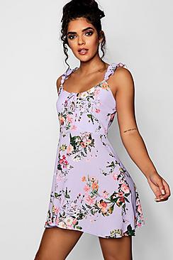 Boohoo Becca Floral Frill Strap Skater Dress