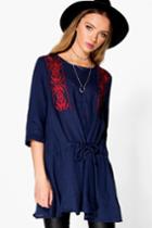 Boohoo Eleanor Embroidered Chest Smock Top Marine