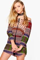 Boohoo Claire Printed Off Shoulder Playsuit Multi