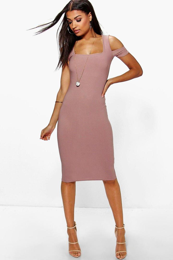 Boohoo Charlotte Crepe Square Neck Midi Dress Mocha