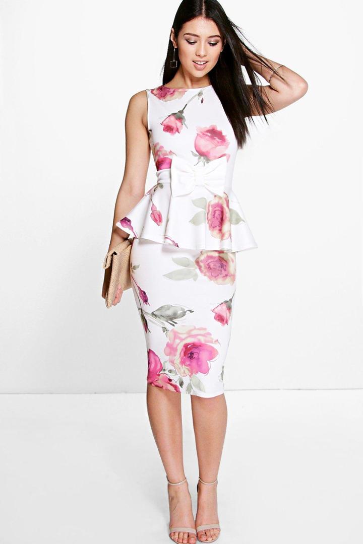 Boohoo Julie Floral Bow Detail Peplum Midi Dress Multi