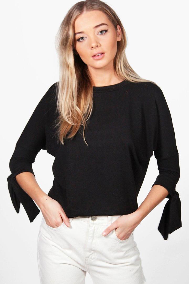 Boohoo Laura Tie Sleeve Batwing Crop Knit Top Black