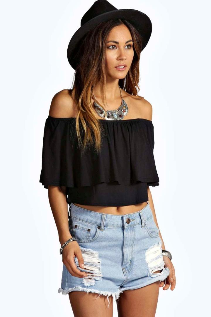 Boohoo Libby Off The Shoulder Frill Crop Top Black