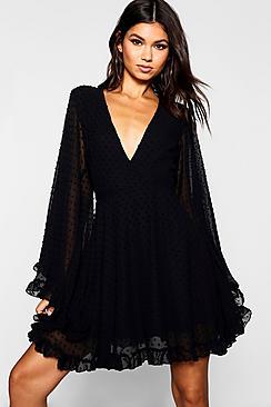 Boohoo Dobby Chiffon Wide Sleeve Skater Dress