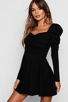 Boohoo Puff Sleeve Ruched Bodice Skater Dress