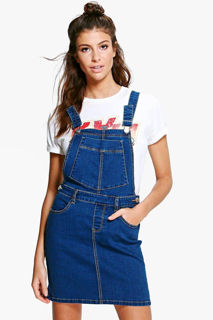 Boohoo Penny Stretch Denim Pinafore Dress Indigo